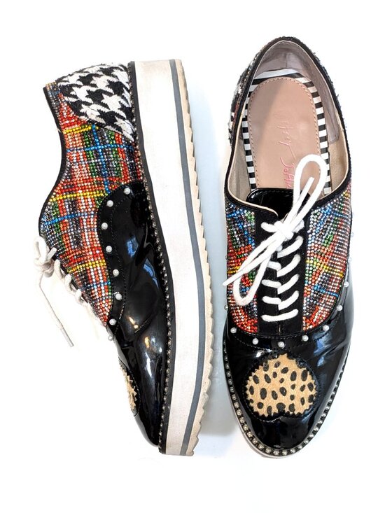 Betsey Johnson Shoes - Betsey Johnson Multicolor Beaded Black Patent Platform Oxfords